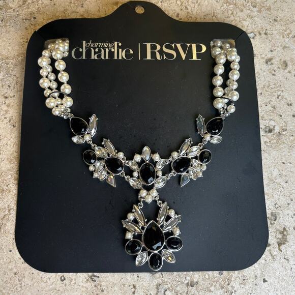 Charming Charlie RSVP Silver Tone Black Rhinestone Pearl Statement Necklace NWT - Picture 1 of 2